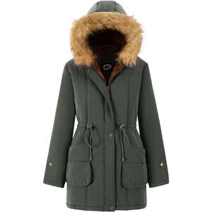 Women's Long Gray Hooded Jacket Overcoat Winter Warm Fleece Lined Fur Trim